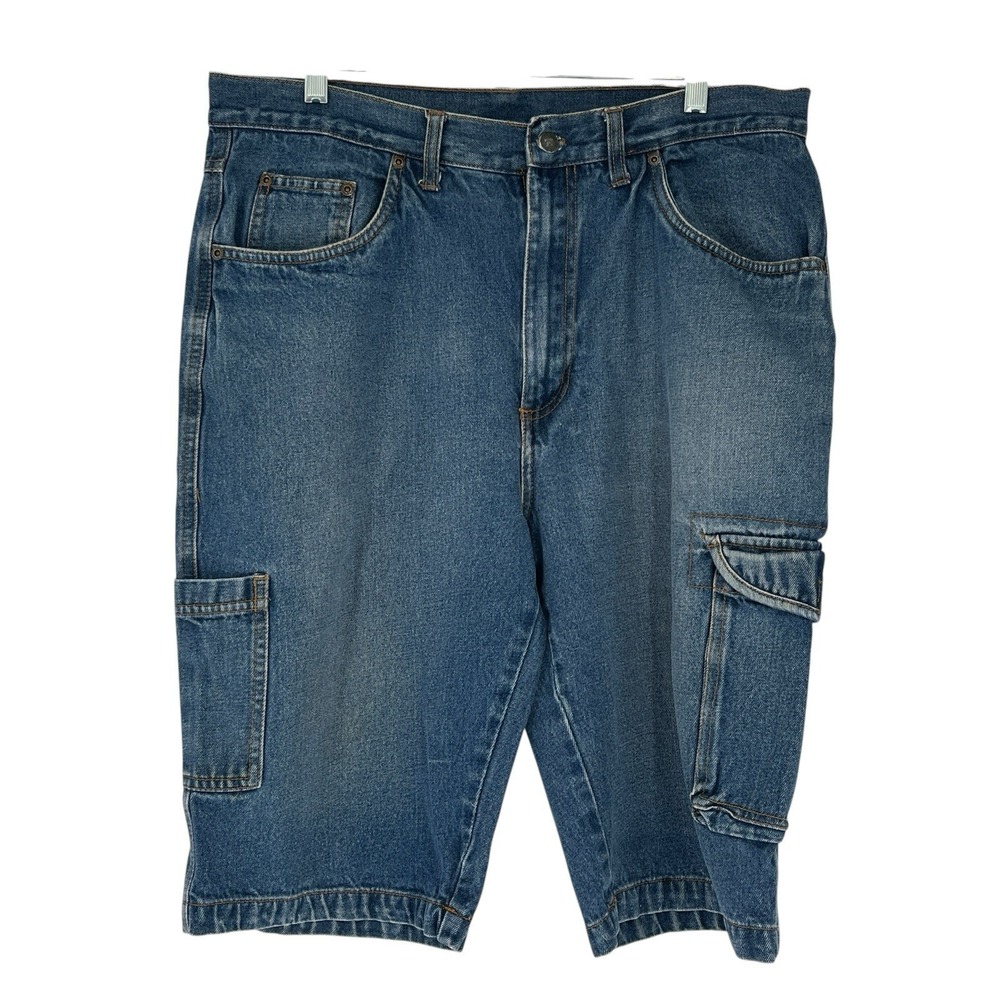 Bugle Boy Denim Cargo Shorts Sz 34 Blue Utility Pockets Y2K Skater Flap Pockets